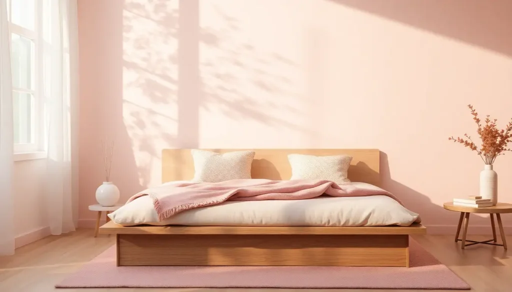 A modern pastel pink aesthetic bedroom with soft sunlight and boucle pillows.