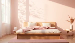 A modern pastel pink aesthetic bedroom with soft sunlight and boucle pillows.