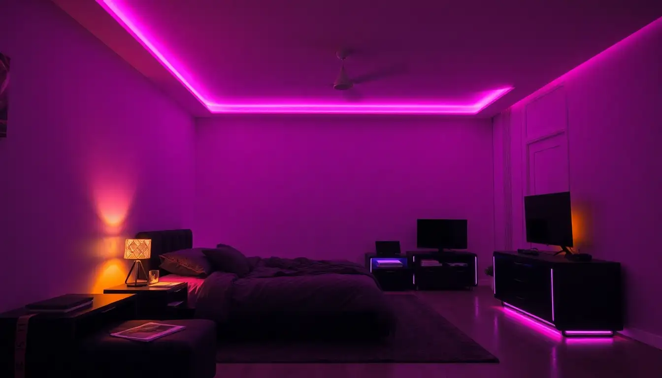 A modern room with purple LED lights glowing behind the bed and along the ceiling.