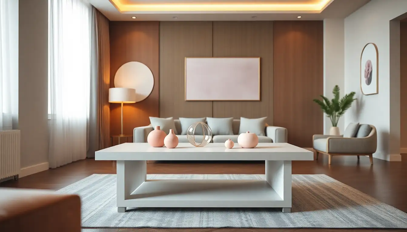 Lift Top Storage Table A modern white coffee table with storage used in a pink living space