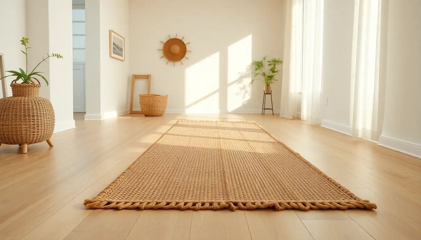 A natural jute runner rug on a light wood floor.