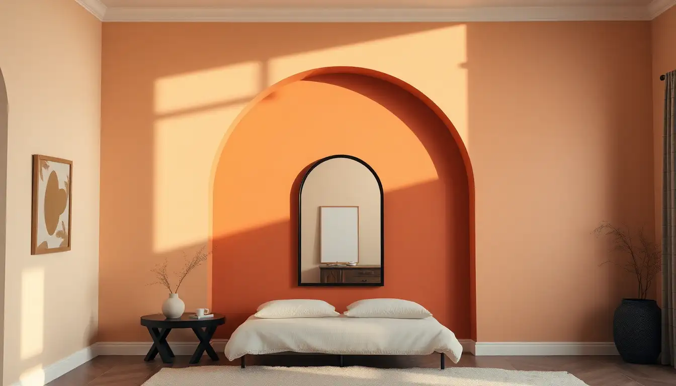 A painted arch on a wall behind a stylish black mirror.