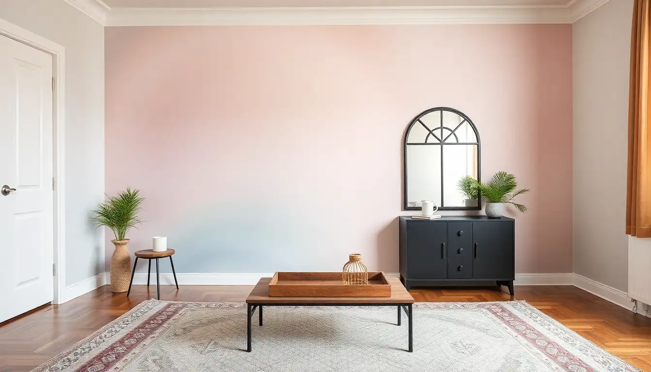 A pastel rainbow accent wall with a black arched mirror.