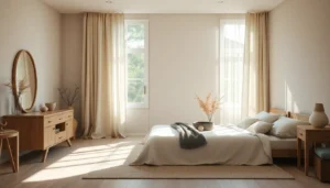 A peaceful aesthetic room with cream bedding and light wood furniture under soft sunlight.