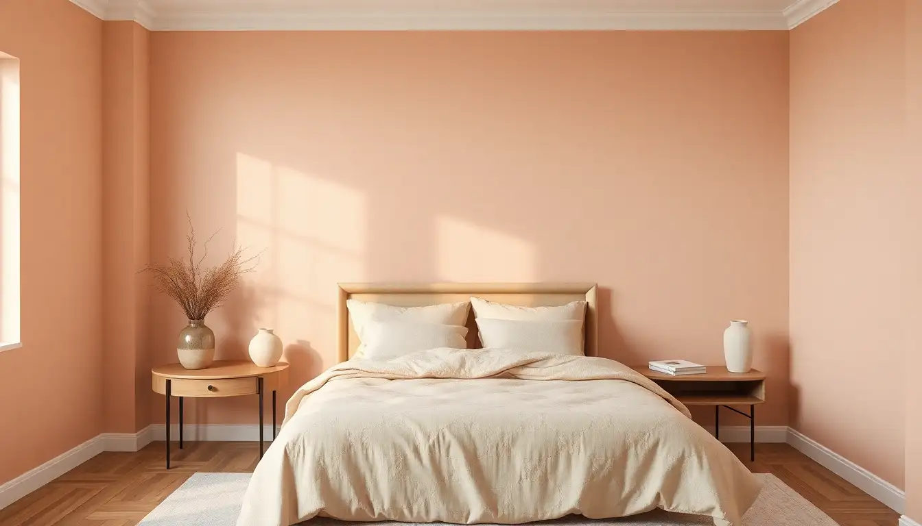 A peachy pink bedroom with beige bedding and neutral vases.