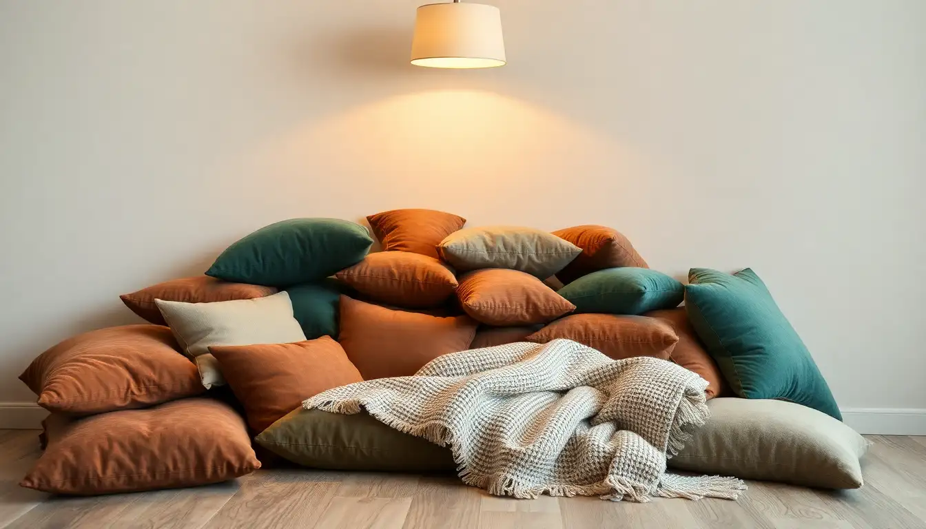 A pile of forest green and brown floor cushions in a corner
