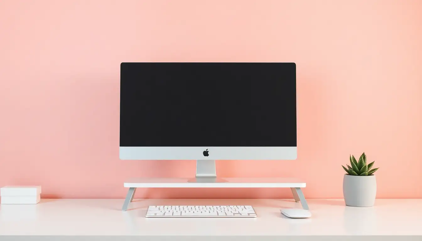 A pink minimalist desk setup with a laptop stand and monitor riser.