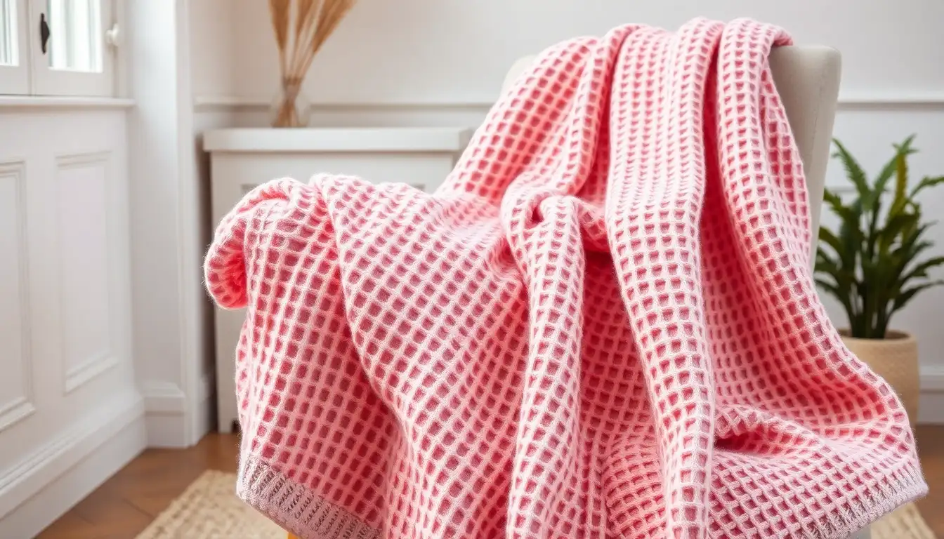 Cozy Pink Waffle Blanket A pink waffle-textured blanket folded on a modern accent chair