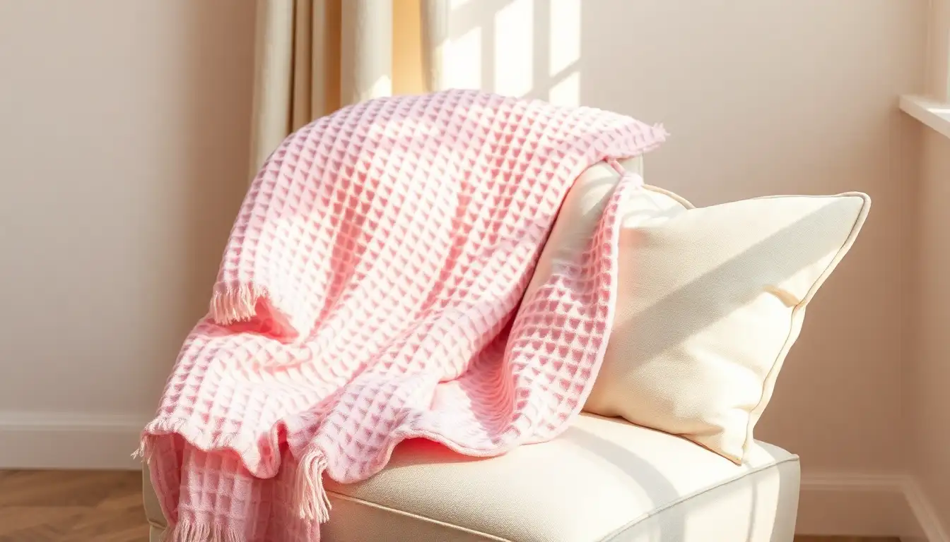 A pink waffle throw blanket on a white chair with a soft pillow.