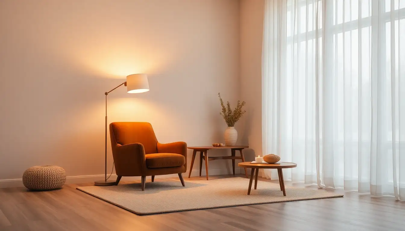 A plush brown velvet chair and a low coffee table in a cozy room nook.
