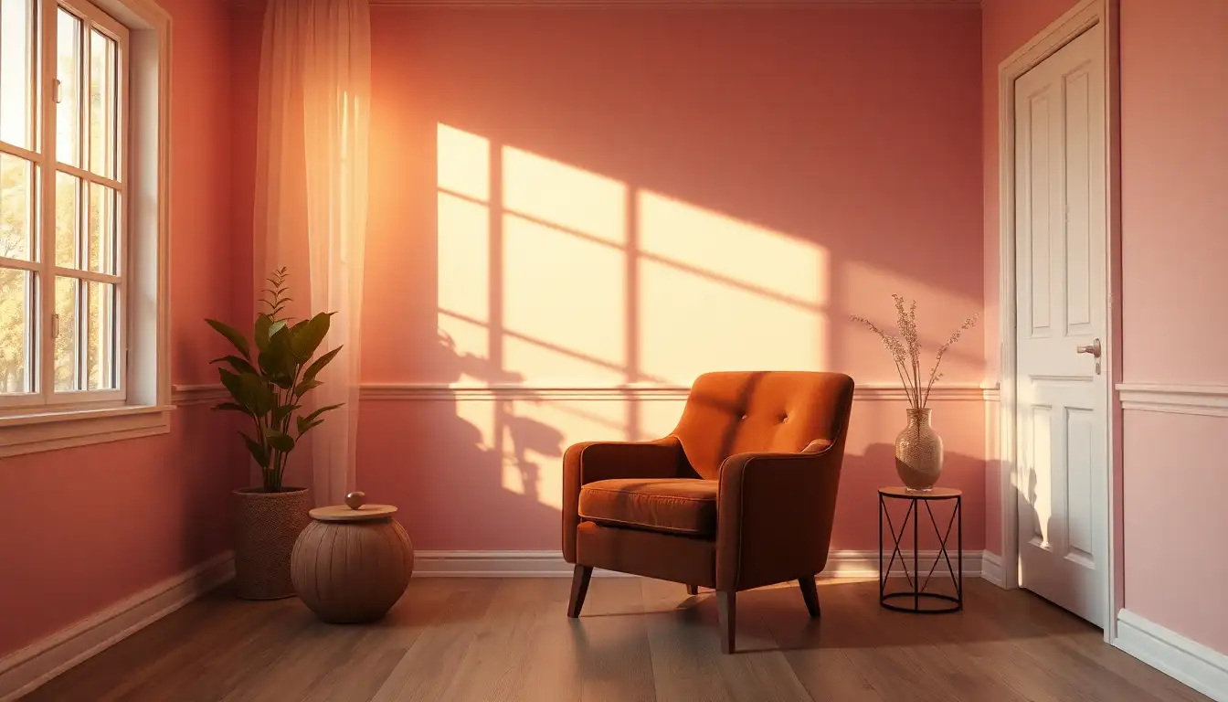 Velvet Statement Chair A plush brown velvet chair sitting in a sunlit pink room