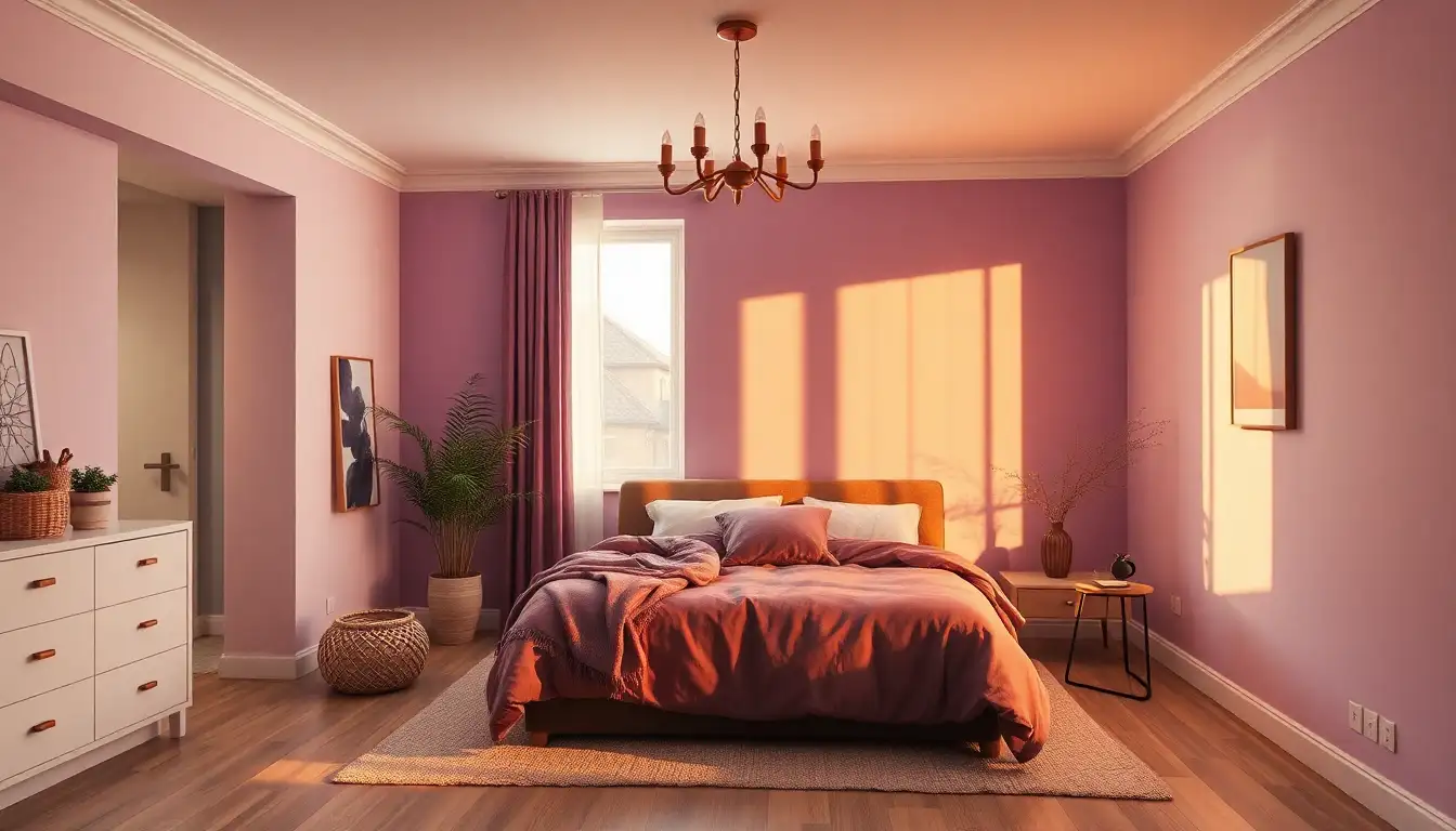 A professional Commercial style photograph showcasing choosing color palettes for a purple aesthetic bedroom designed for a purple aesthetic bedroom setting.
