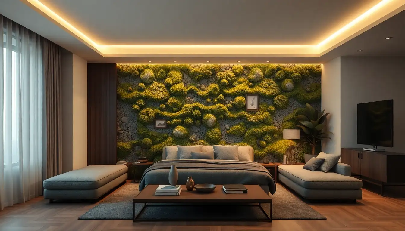 A professional Commercial style photograph showcasing create a mossy accent wall designed for a goblincore room ideas setting.