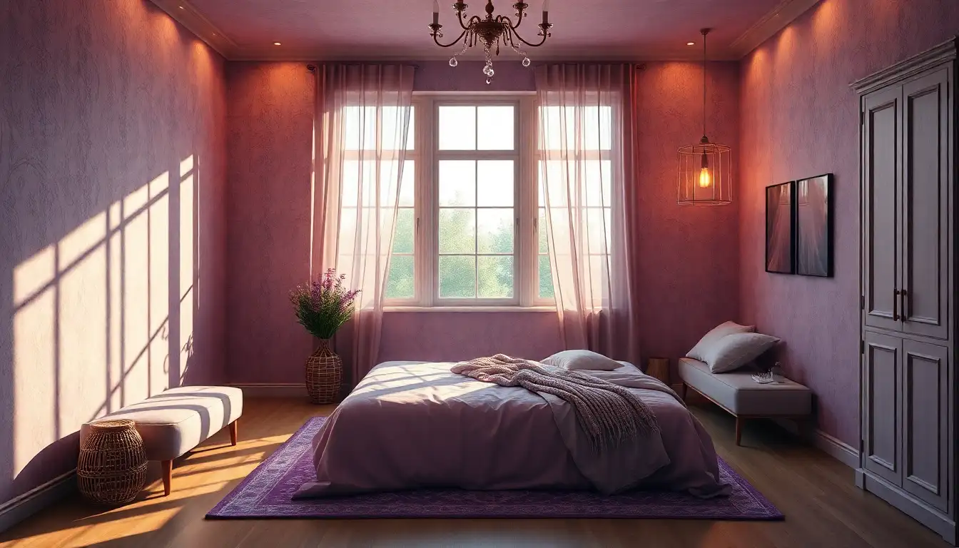 A professional Commercial style photograph showcasing designing your perfect purple aesthetic bedroom designed for a purple aesthetic bedroom setting.