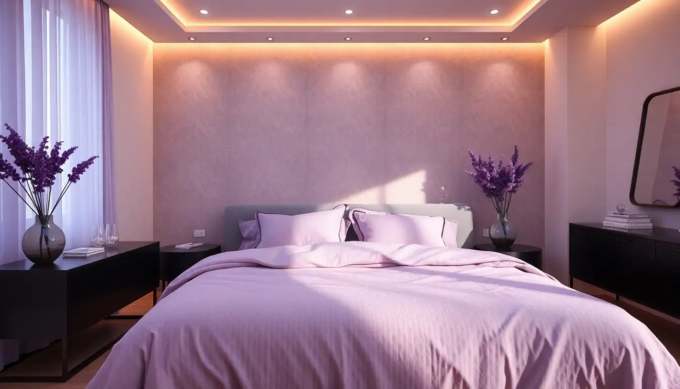 A professional Commercial style photograph showcasing soft lavender dreams with textured bedding designed for a purple aesthetic bedroom setting.