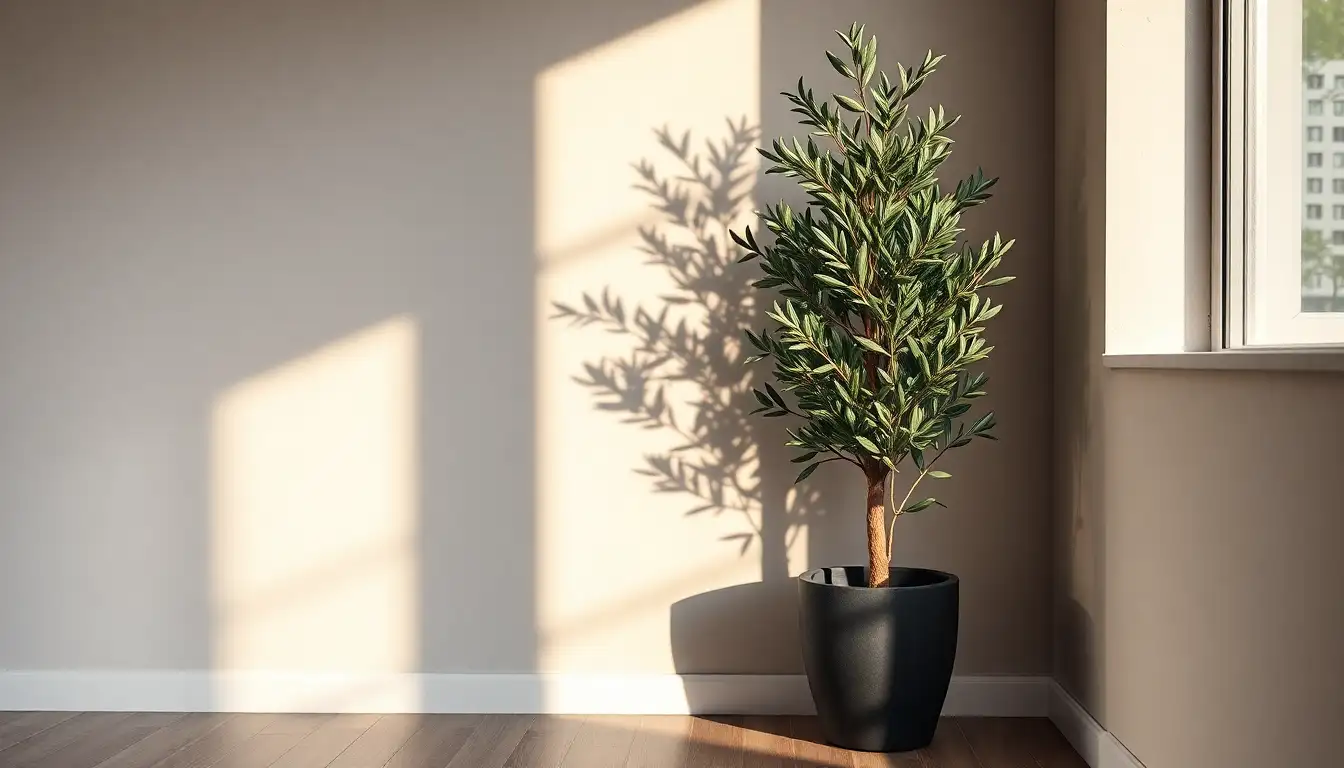 A realistic faux olive tree in a dark planter in a room corner.