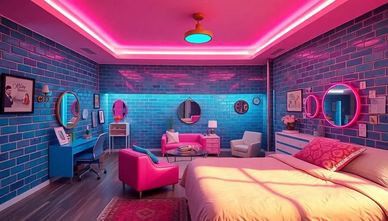 Retro Synthwave Bedroom A retro-style bedroom with 80s decor and neon pink and blue lighting.