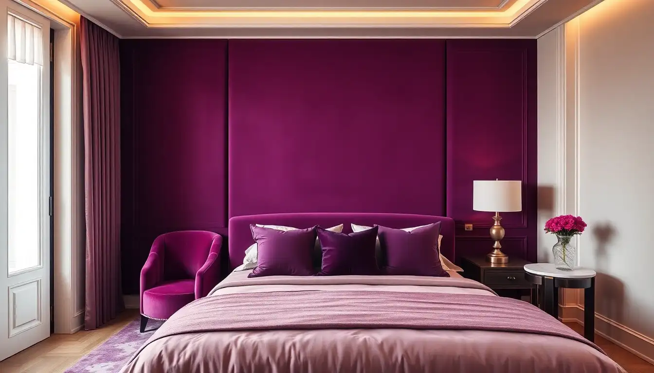 A rich grape colored velvet chair in a luxury bedroom setting.