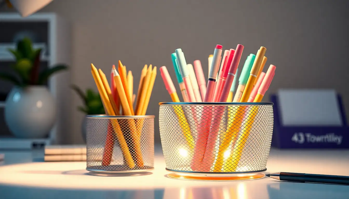 A rotating mesh desk organizer filled with pastel pens.