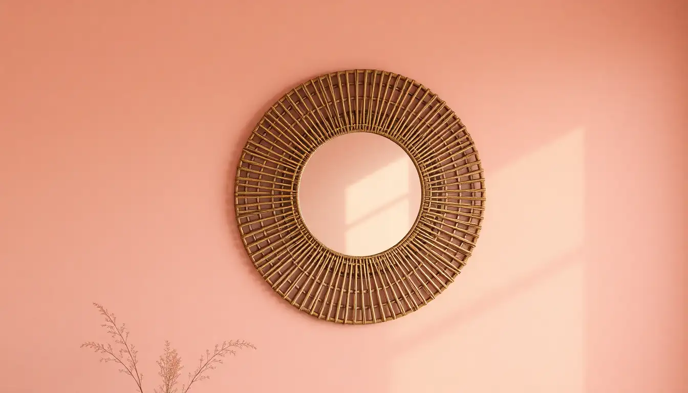 Round Rattan Wall Mirror A round mirror with a rattan frame on a soft pink wall