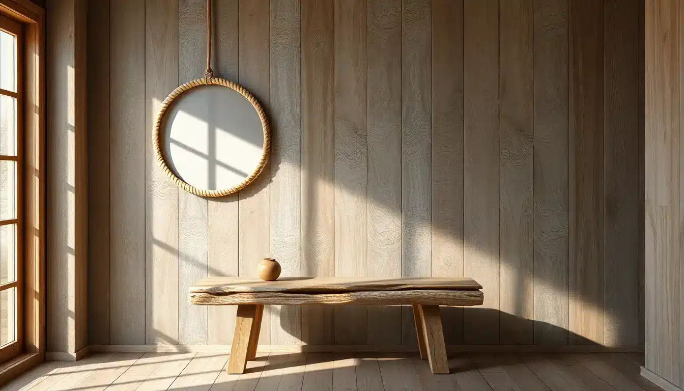 A round rattan mirror hanging above a rustic weathered wood table.