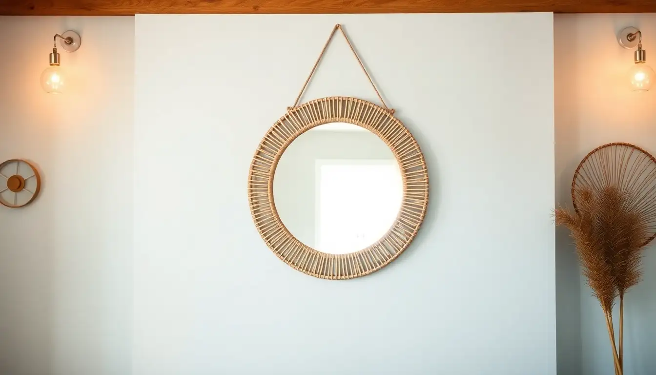 A round rattan mirror on a light blue wall.