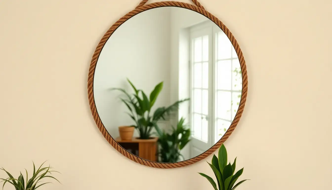 A round wall mirror featuring a handmade frame made from thick rope.