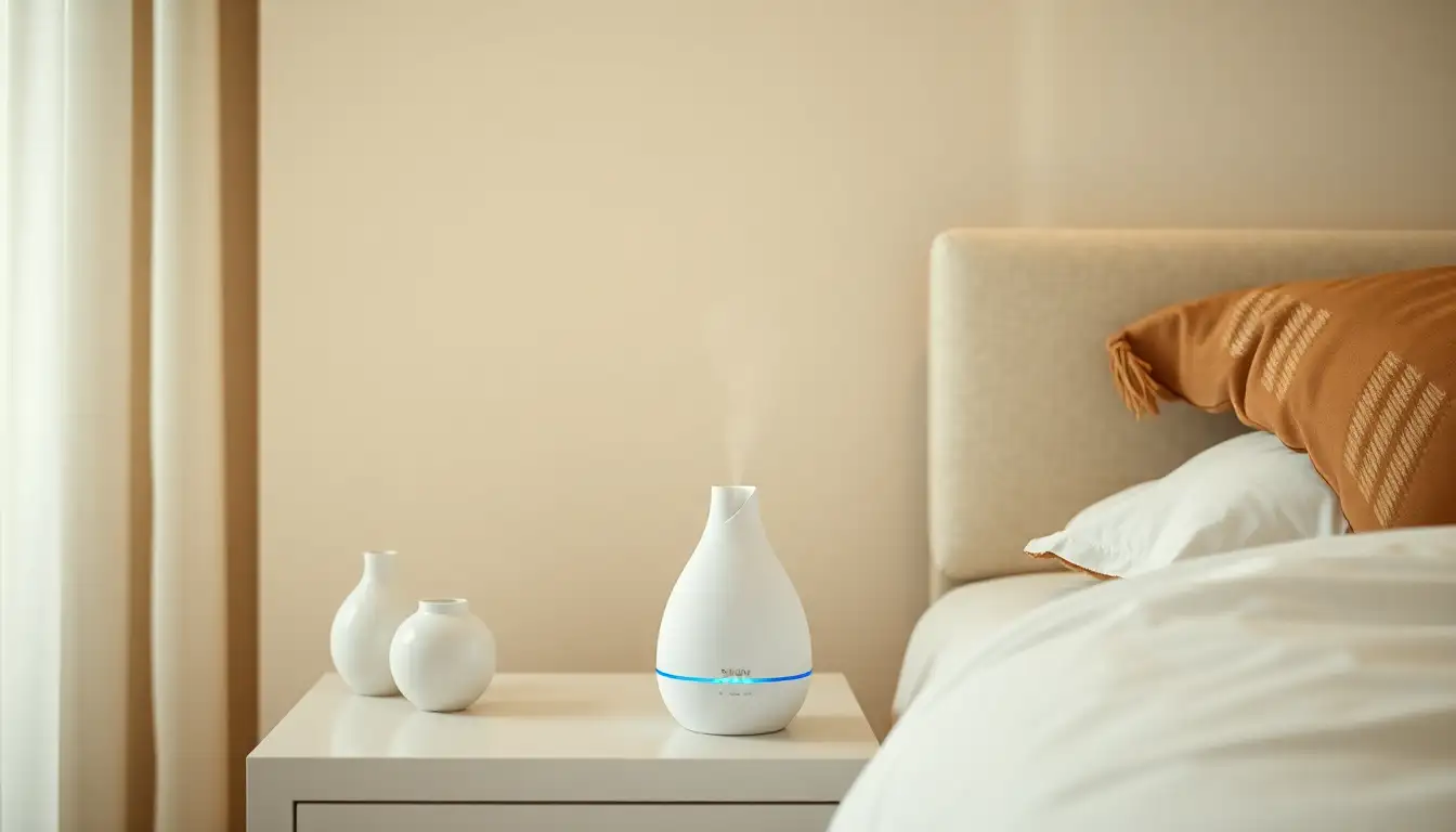 A sleek white smart scent diffuser on a nightstand.