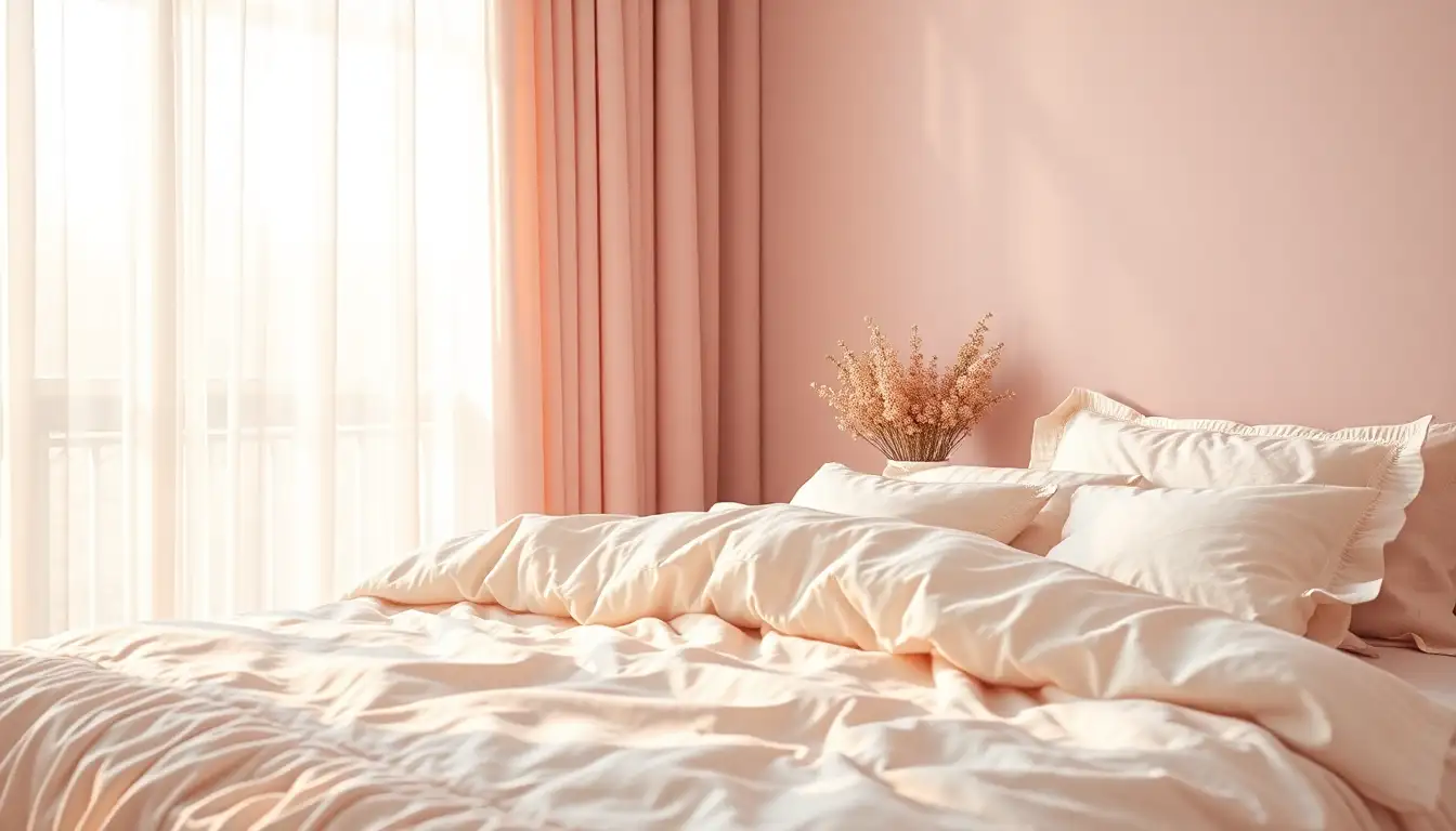 Soft Pastel Dream Bedroom A soft and bright bedroom with light pink and purple bedding and fluffy pillows.