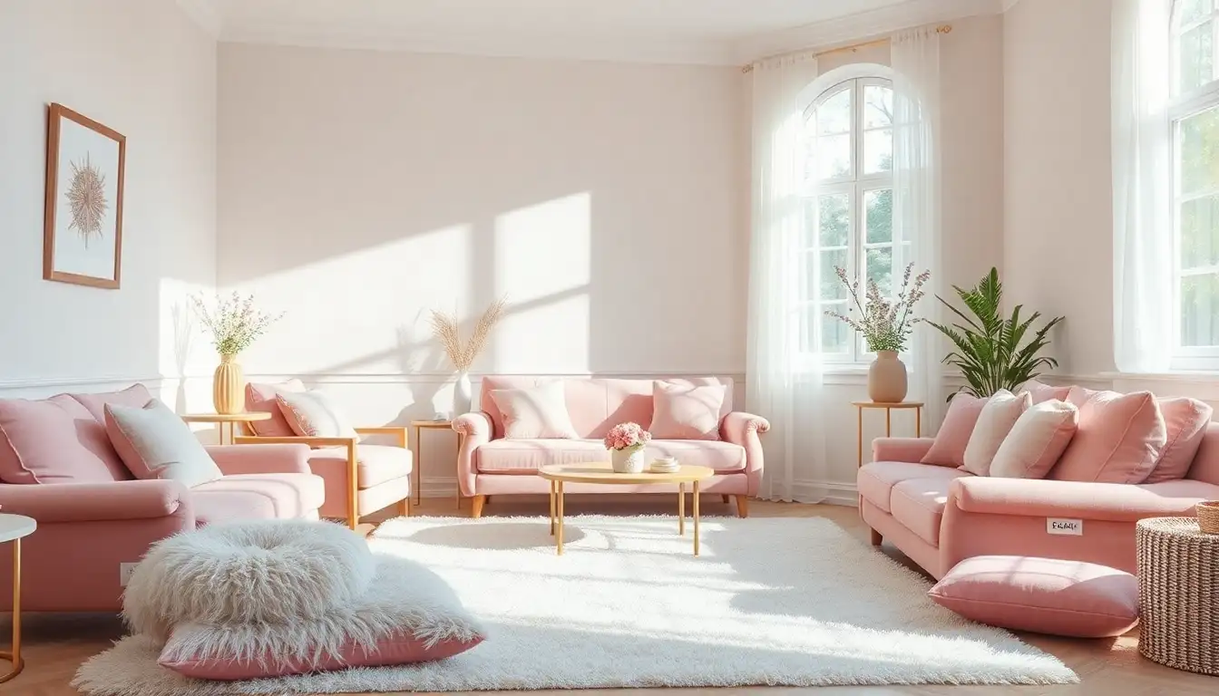 Pastel Pink Room Design A soft girl aesthetic room with pink velvet pillows and fluffy rugs.