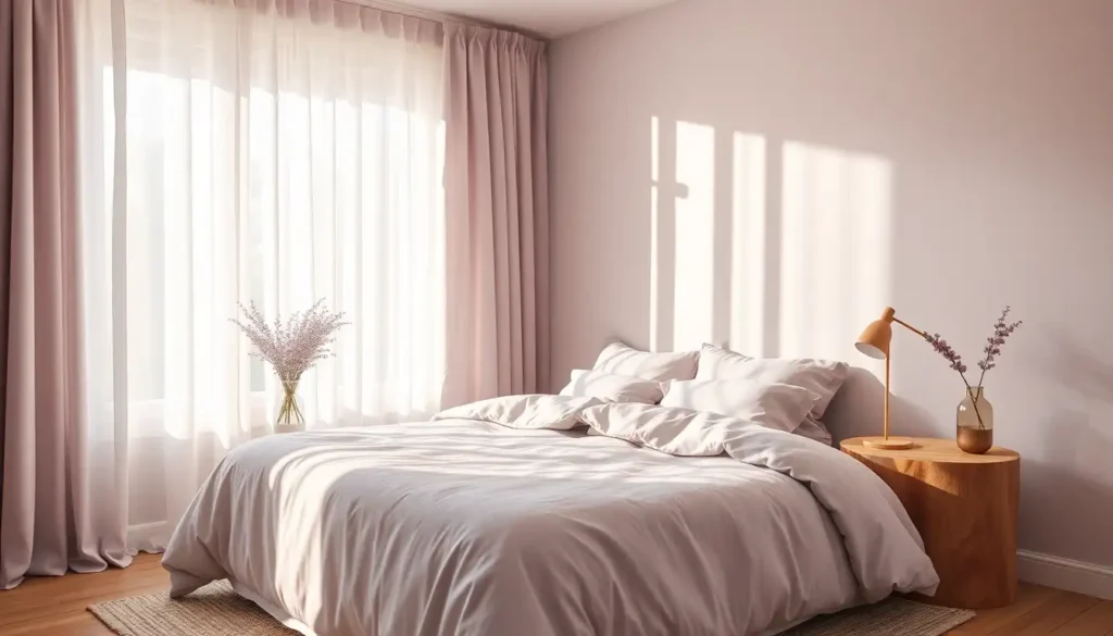 A soft lavender aesthetic bedroom featuring light purple linen sheets and sunny window light.