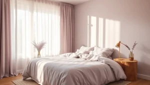 A soft lavender aesthetic bedroom featuring light purple linen sheets and sunny window light.