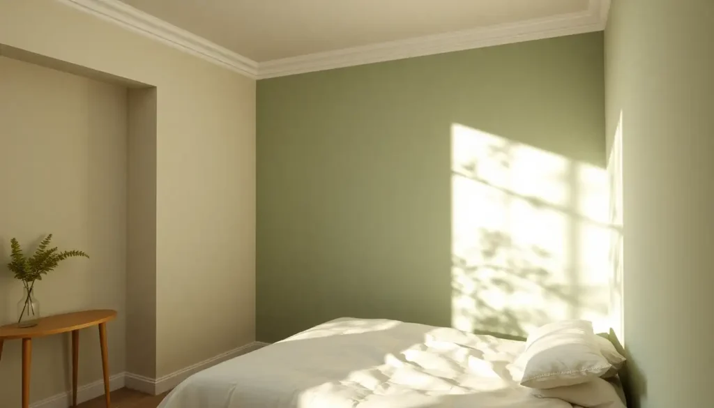 A soft sage green bedroom wall with light cream bedding and morning sun shadows