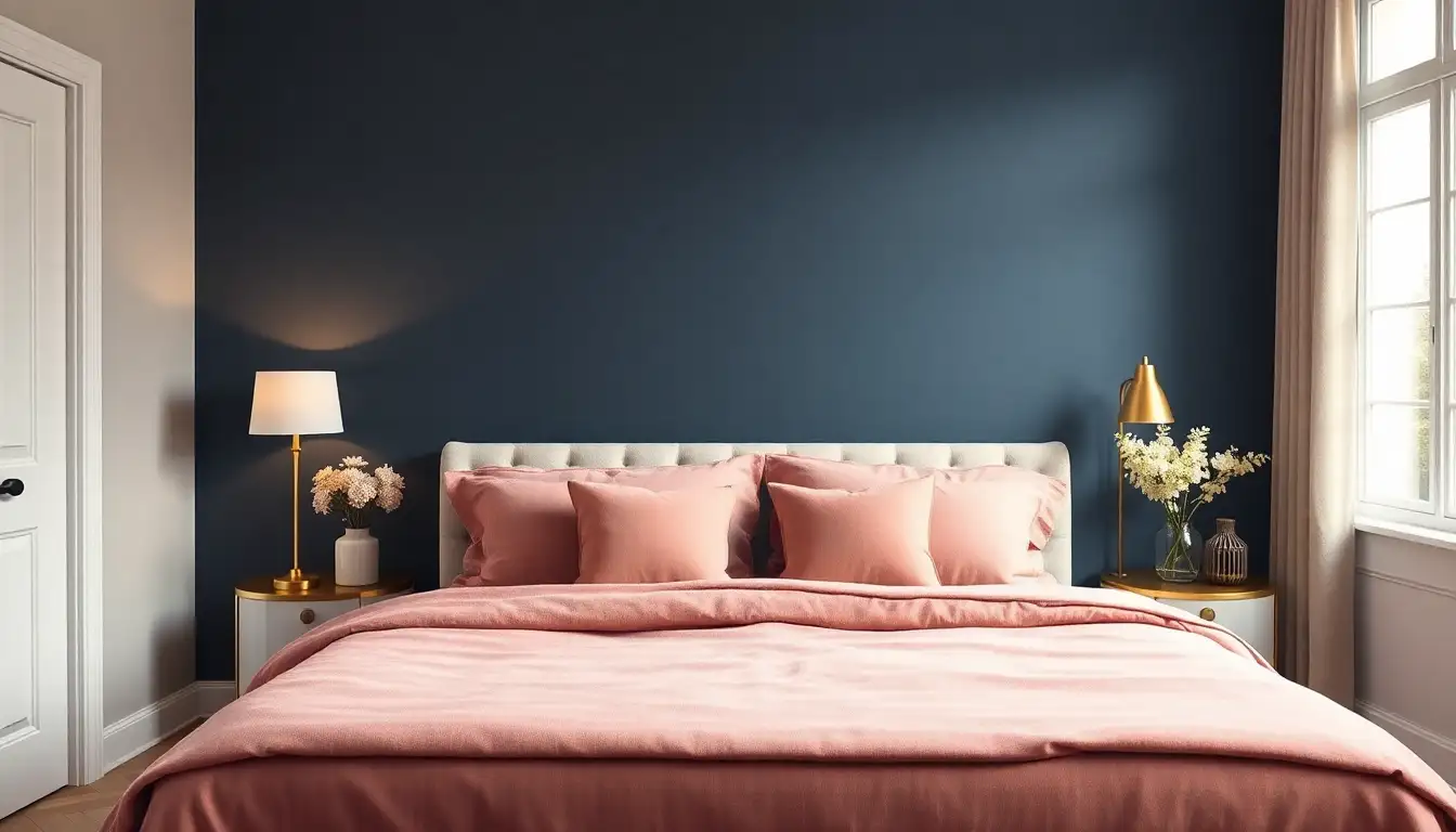 Moody Navy and Rose Bedroom Style A sophisticated bedroom with dark navy walls and soft dusty rose blankets.
