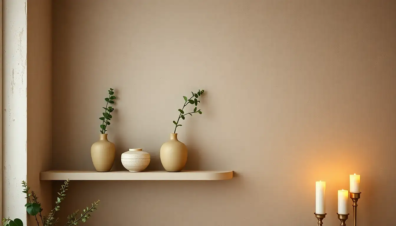 Styled Aesthetic Shelving A styled corner with shelves holding vases and green plants.