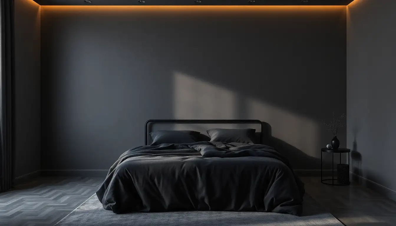 Moody Monochromatic Design A stylish dark room where everything is different shades of grey and black.