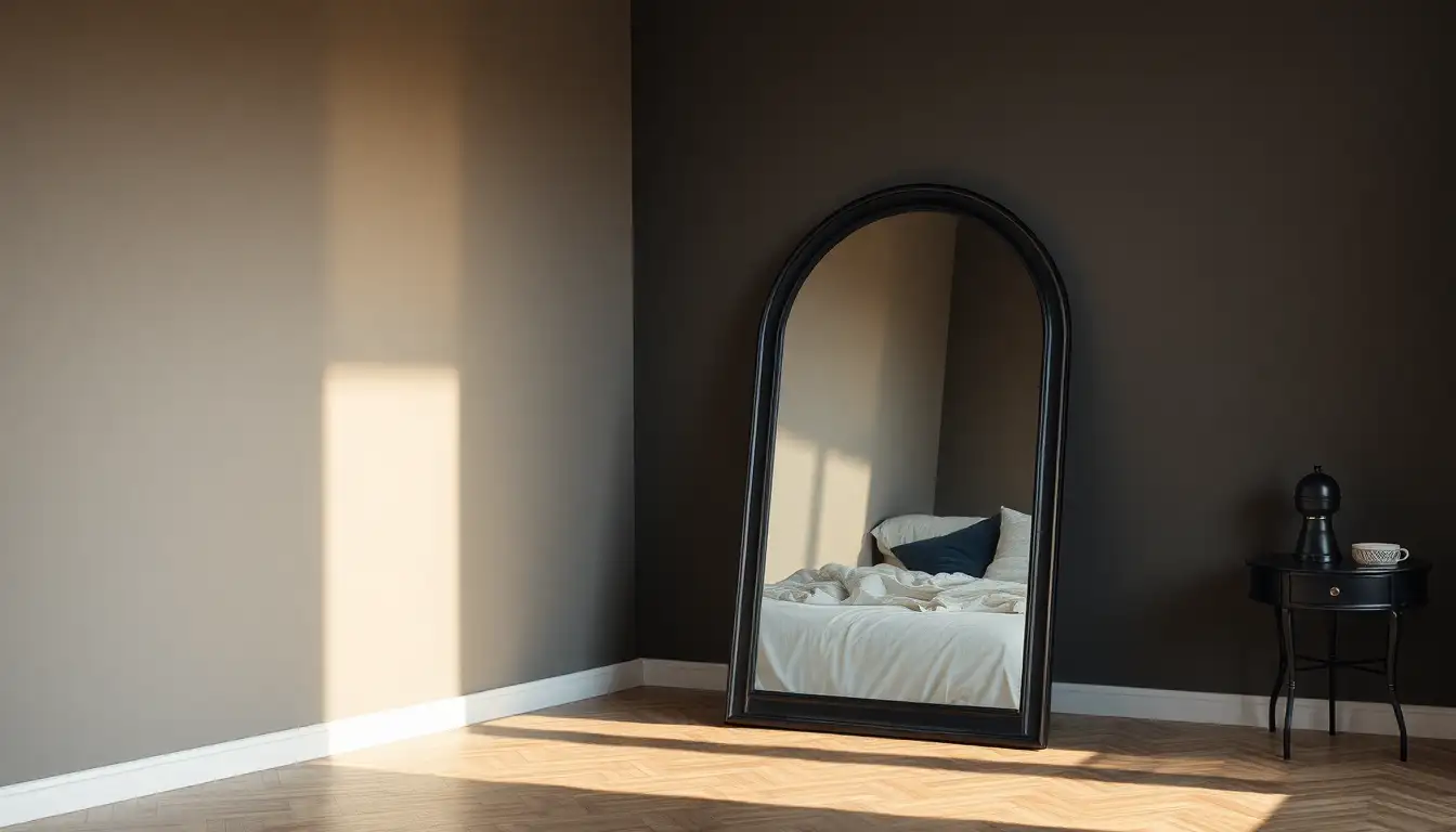 A tall arched mirror with a black frame leaning against a dark wall.