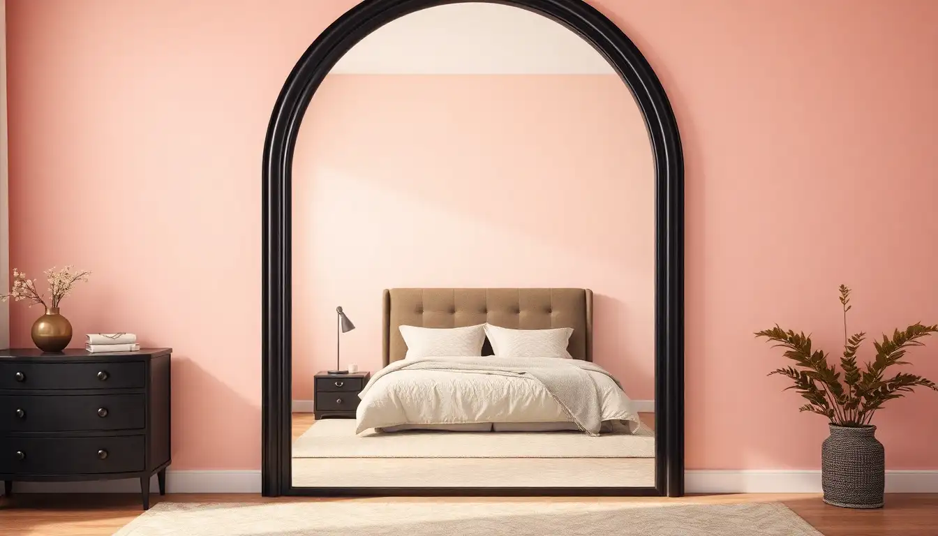 Arched Statement Mirror A tall black arched mirror leaning on a soft pink wall in a bedroom