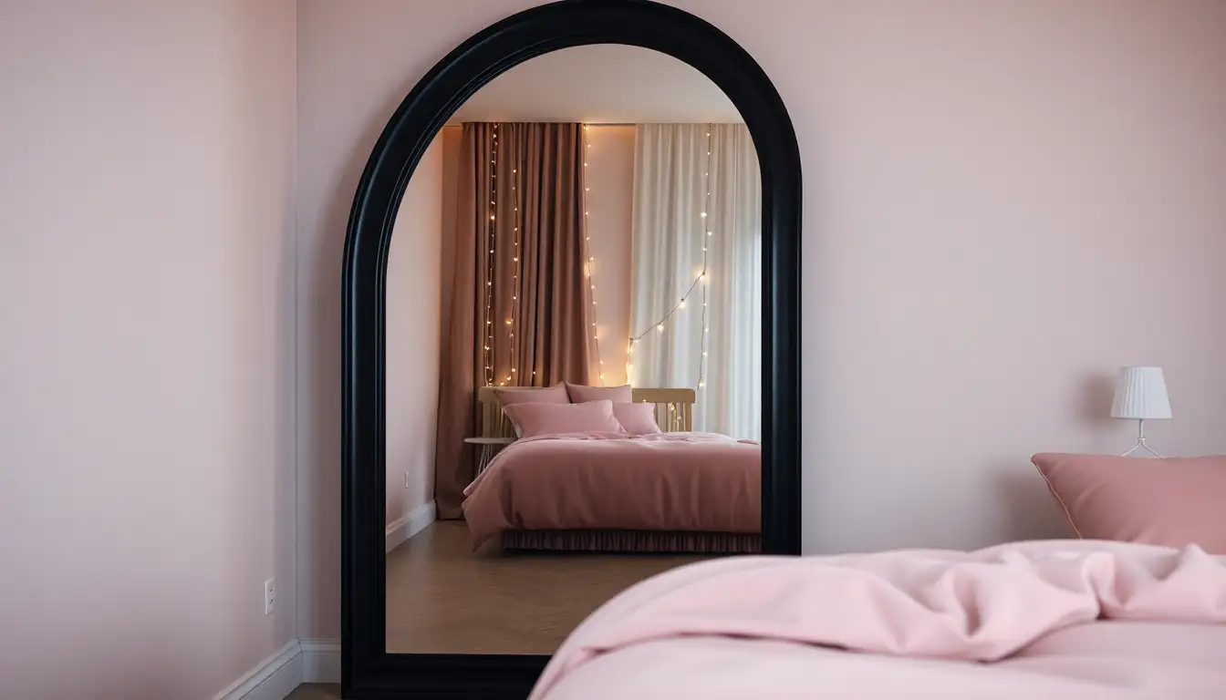 A tall black arched mirror reflecting a cozy pink bedroom.