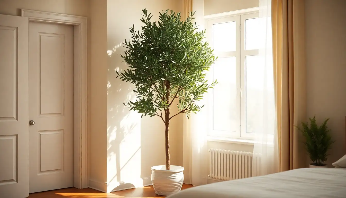 A tall fake olive tree in a white pot in a room corner.