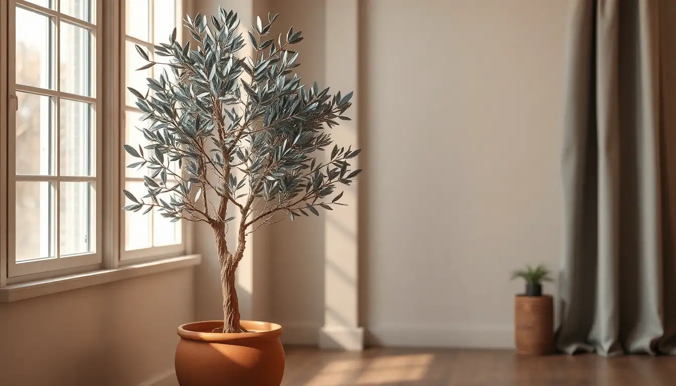 A tall faux olive tree in the corner of a dark bedroom