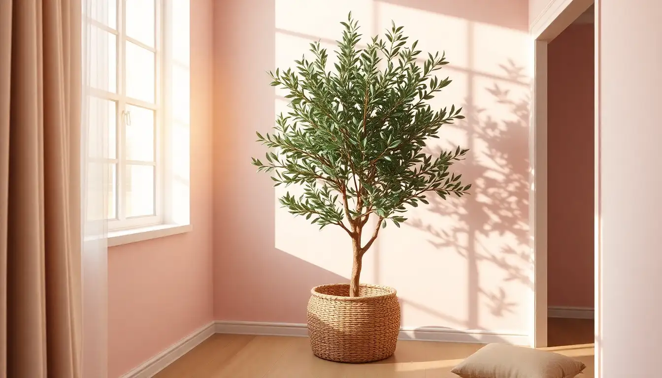 Faux Olive Tree Decor A tall green faux olive tree in a woven basket sitting in the corner of a pink room