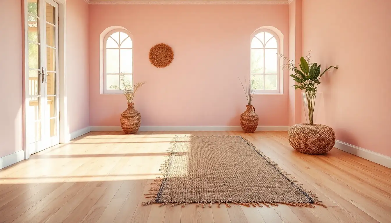 Natural Jute Area Rug A textured jute rug on a wooden floor in a room with pink walls