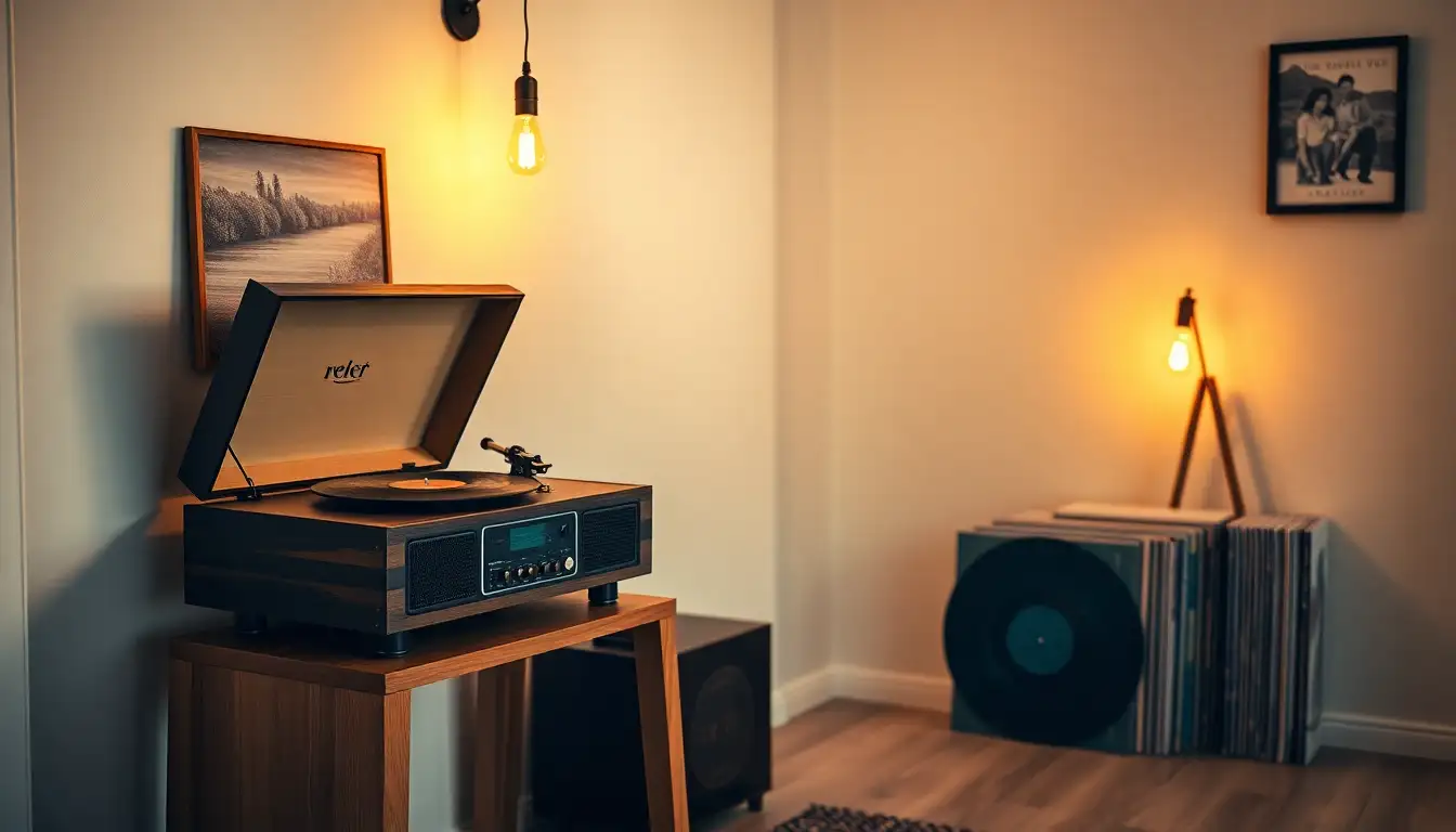 A vinyl record player setup with warm lighting and record storage.