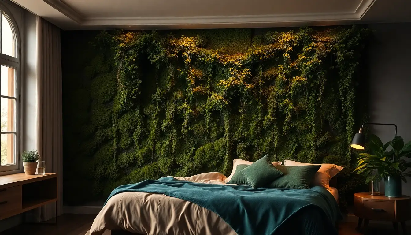 A wall covered in green moss and hanging plants in a fairy grunge room