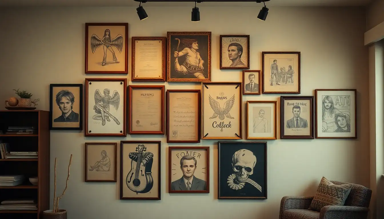 A wall covered in music posters and art in old frames