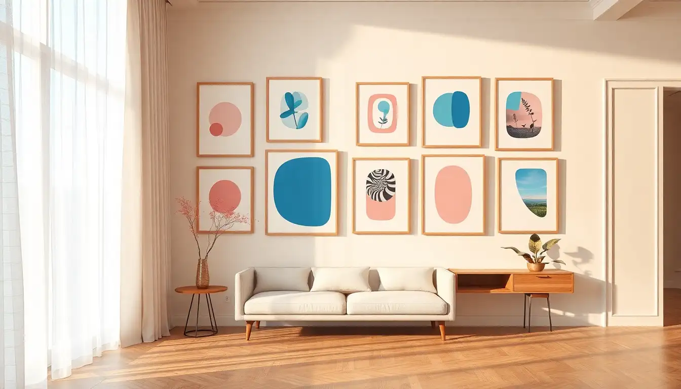 Pink and Blue Gallery Wall Art A wall covered in various pink and blue art prints and frames.