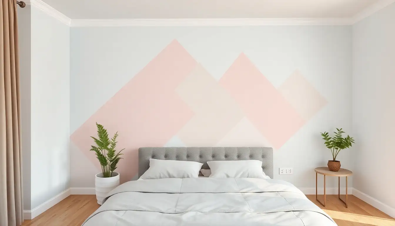 Geometric Pink and Blue Wall Art A wall featuring a geometric paint pattern with pink, blue, and grey triangles.