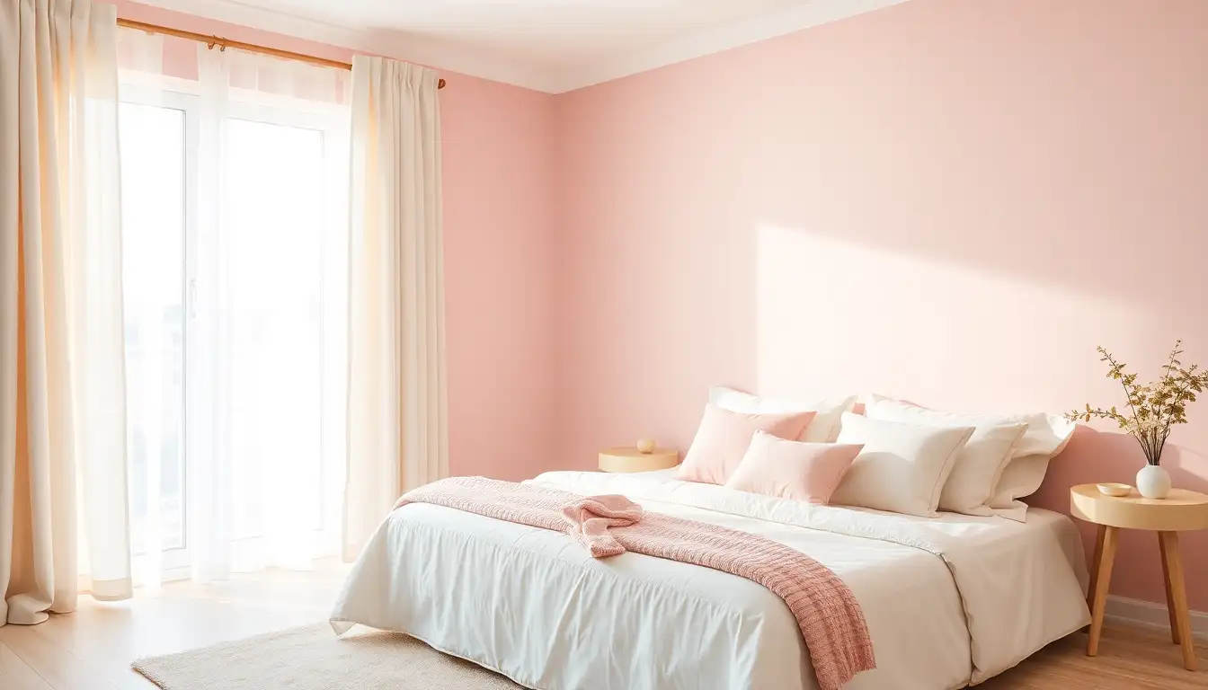 A wide view of a full pastel pink aesthetic bedroom.