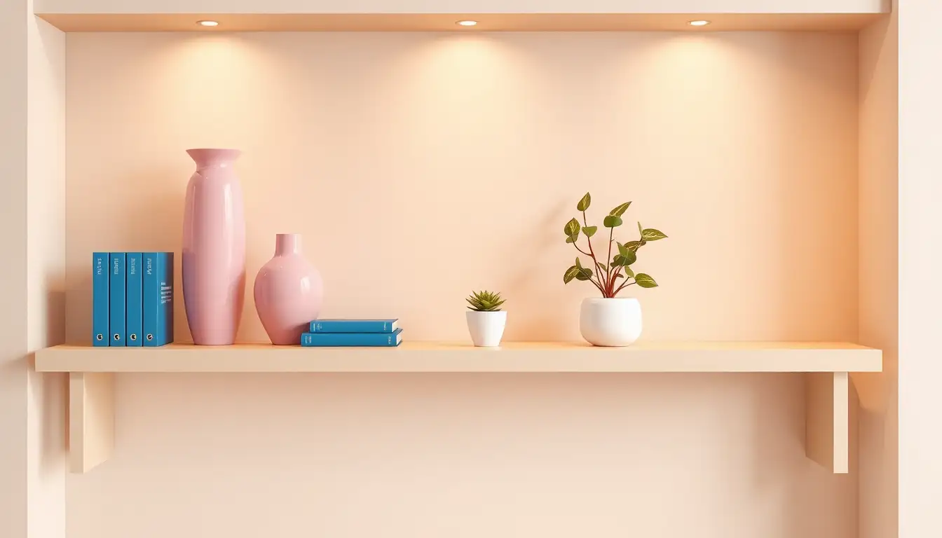 Styled Bookshelf Decor A wooden shelf decorated with pink ceramic vases and blue book covers.